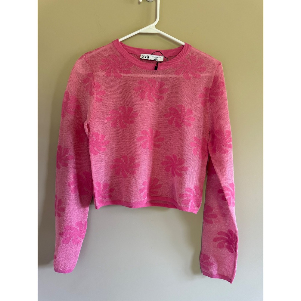 Zara Pink Floral Knit Mesh‎ Top Long Sleeve Cropped Sheer Shimmer Sweater Medium